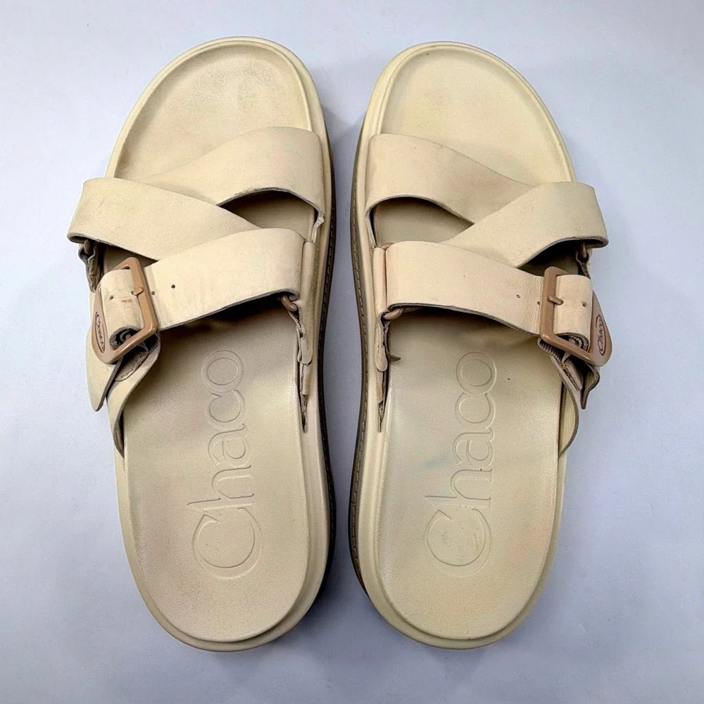 Chaco Townes Midform Slide Sandals Womens 10 Tan Beige Leather Buckle Chunky